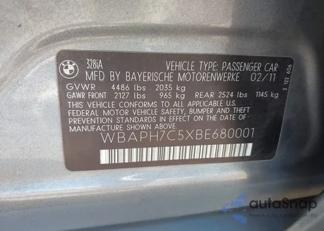 2011 BMW 328I from USA, damaged, VIN WBAPH7C5XBE680001